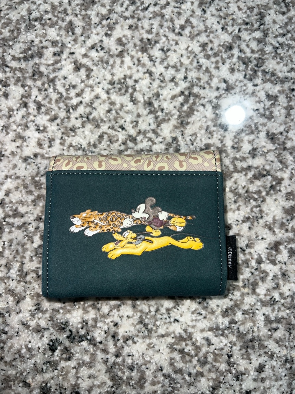 Disney Dark Green Trifold Wallet with Mickey, Pluto & Leopard Accents